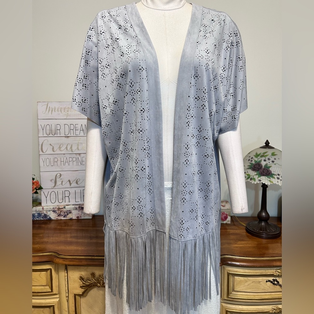Ruby Rd Blue Gray Boho Perforated Cutout Open Front Fringe Cardigan Duster